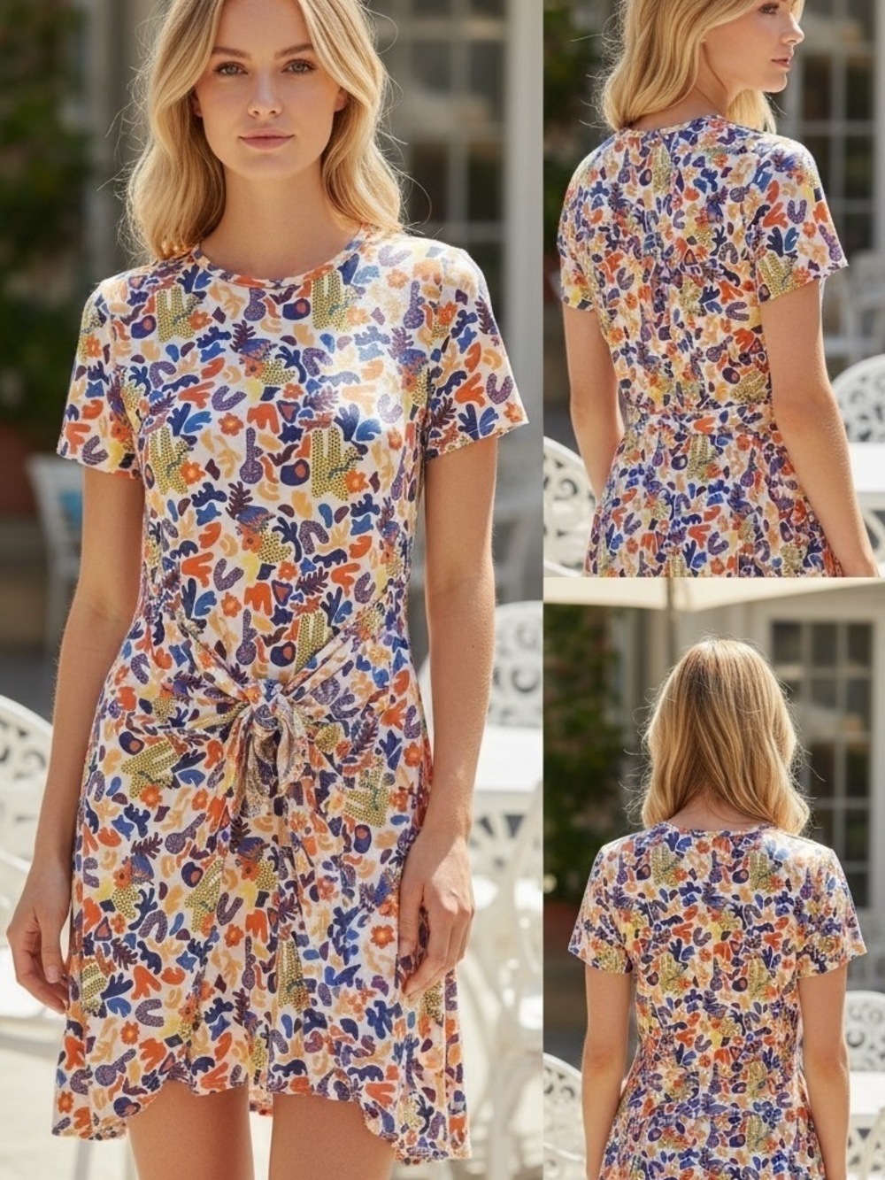 Everyday Jane Mini Dress in Multicolor Abstract Print with Front Tie